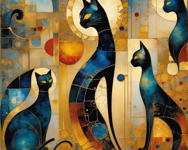 Abstract Representation of Four Cats in Colorful Design