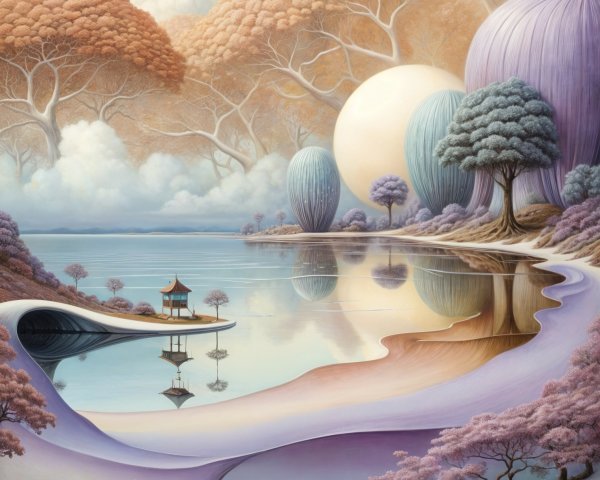 Pastel Landscape with Gazebo and Tranquil Lake