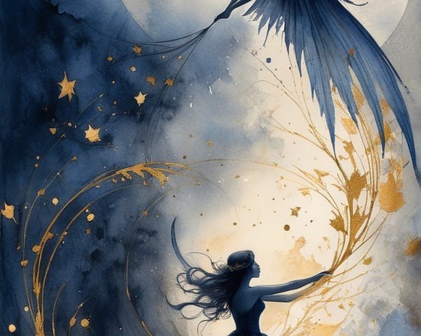 Celestial Watercolor Painting with Fairy and Moon