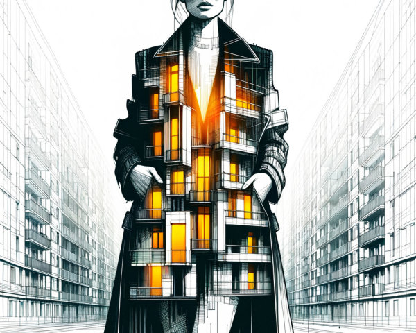 Digital Illustration of Woman in Trenchcoat with Buildings