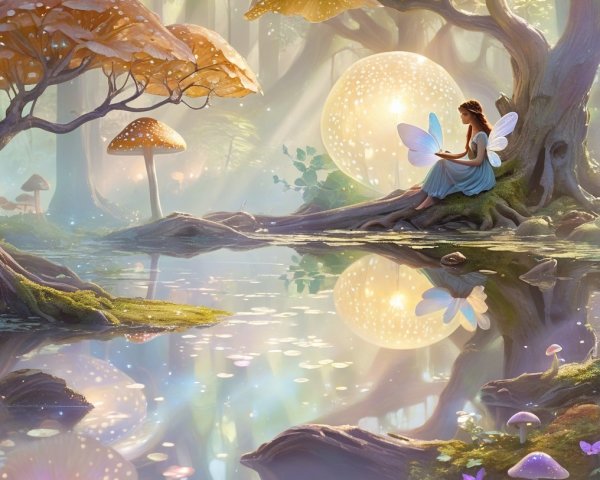 Fairy by a Serene Pond in an Enchanted Forest