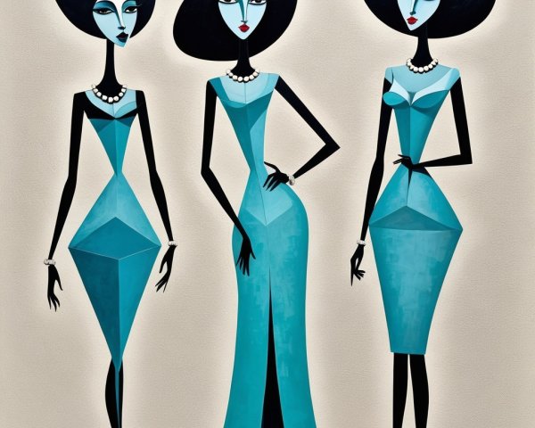 Stylized Female Figures in Teal Outfits and Pearls
