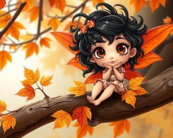 Whimsical Fairy Sitting on Autumn Branch with Leaves