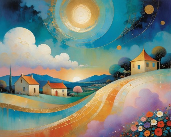 Vibrant Landscape with Rolling Hills and Colorful Sky