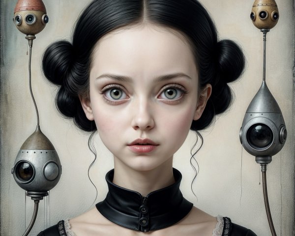 Young girl in Victorian dress with whimsical robots