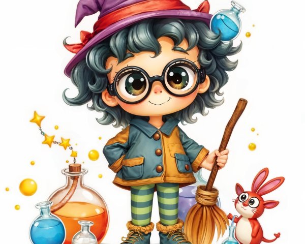 Cheerful young witch with rabbit and colorful potions