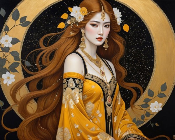 Serene Woman in Floral Gown Against Starry Background