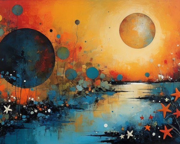 Abstract Painting with Circles and Reflective Water