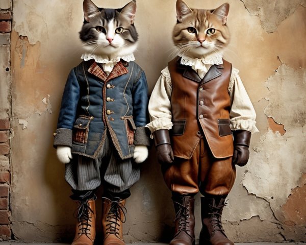Anthropomorphic Cats in Vintage Attire Against Rustic Wall