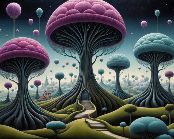 Surreal Landscape with Whimsical Trees and Balloons