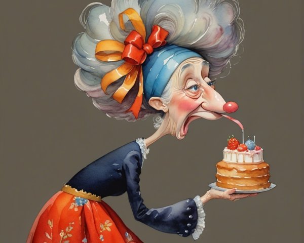 Whimsical Cartoon of an Elderly Woman with Cake