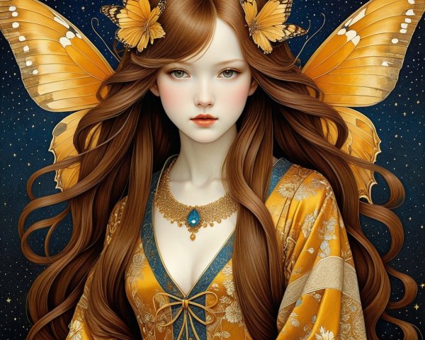 Serene Woman with Butterflies Against Starry Night