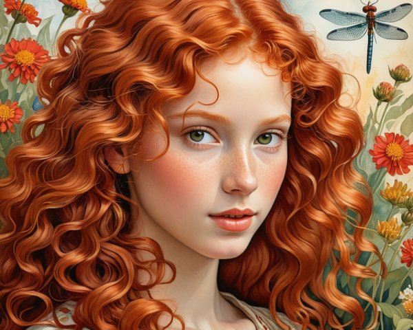 Young girl with red hair and flowers in serene setting