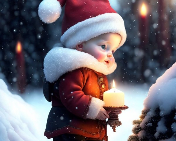 Artistic Portrait of Baby in Santa Hat in Snow