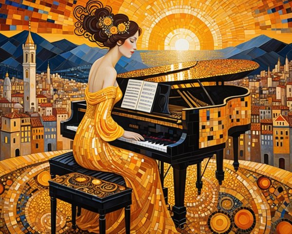 Woman in yellow gown playing piano at sunset cityscape