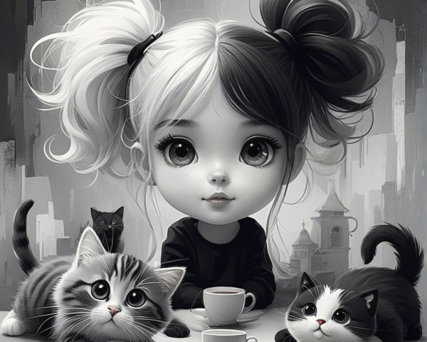 Stylized girl with two-tone hair and playful cats