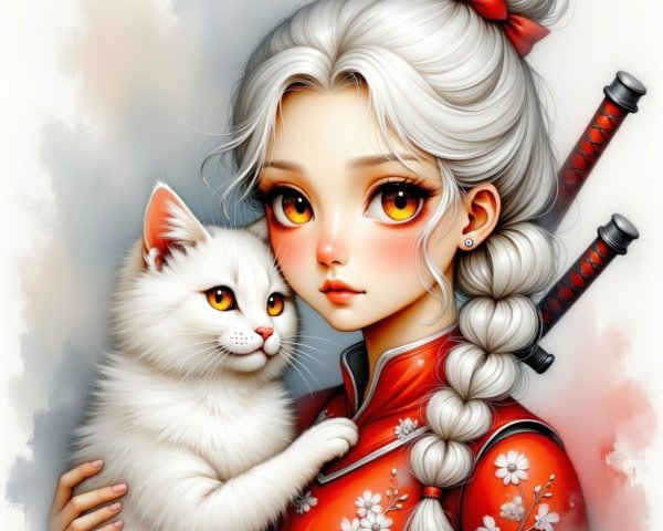 Young girl with silver hair and white cat portrait