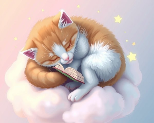 Fluffy Cat on Pastel Cloud with Stars and Book