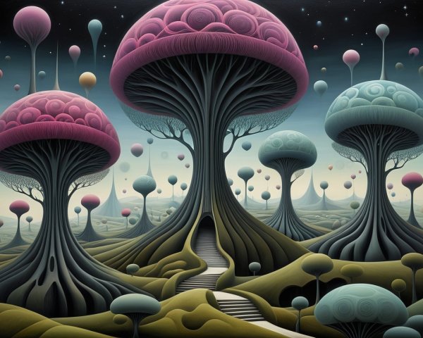Surreal Landscape with Oversized Mushroom Trees