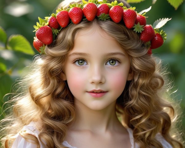 Young girl with strawberry crown in lush greenery