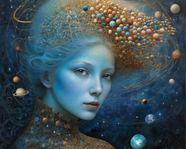 Ethereal Figure Surrounded by Cosmic Elements