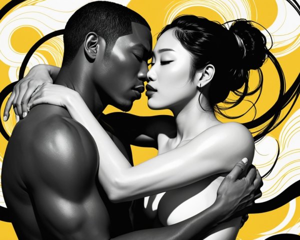 Close-Up of Couple in Intimate Embrace on Yellow Background