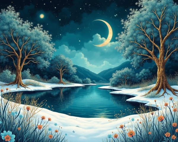 Serene Winter Landscape with River and Moonlit Sky