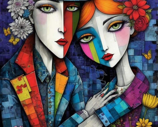 Colorful Couple Illustration with Whimsical Cityscape