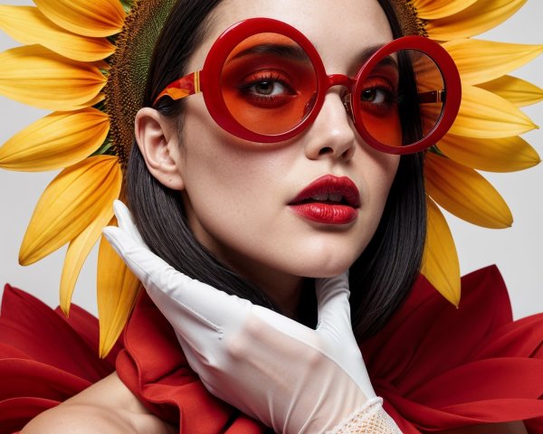 Portrait of a woman with sunflower headpiece and sunglasses
