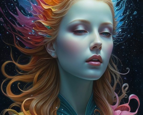 Digital Painting of a Woman with Flowing Rainbow Hair