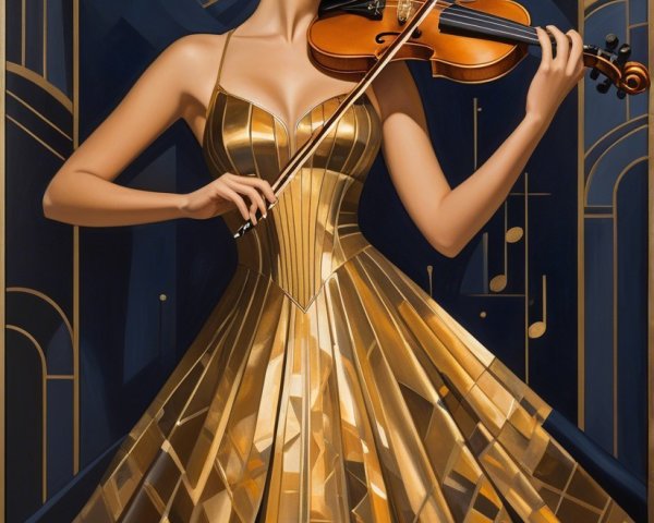 Glamorous Woman in Art-Deco Dress Playing Violin