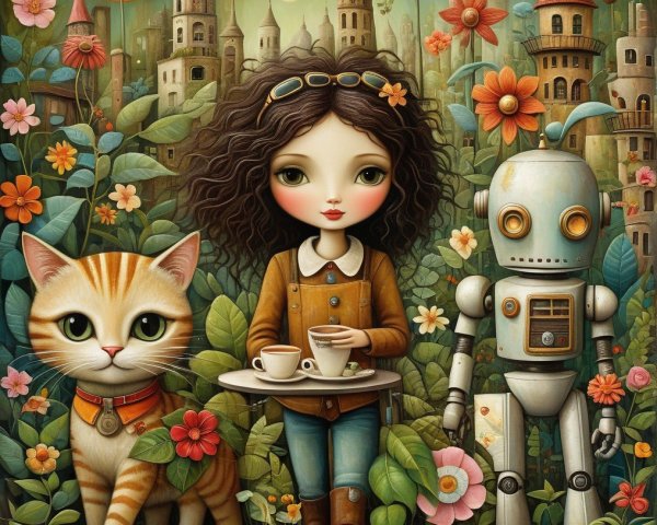Whimsical Garden Scene with Girl, Robot, and Cat