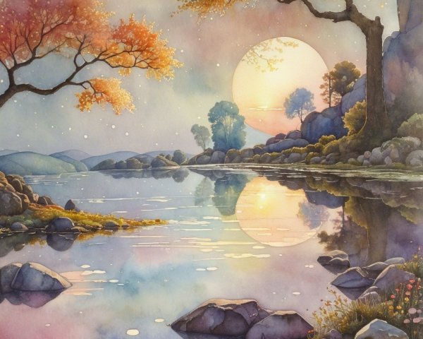 Tranquil Lake Landscape with Autumn Colors and Sunset