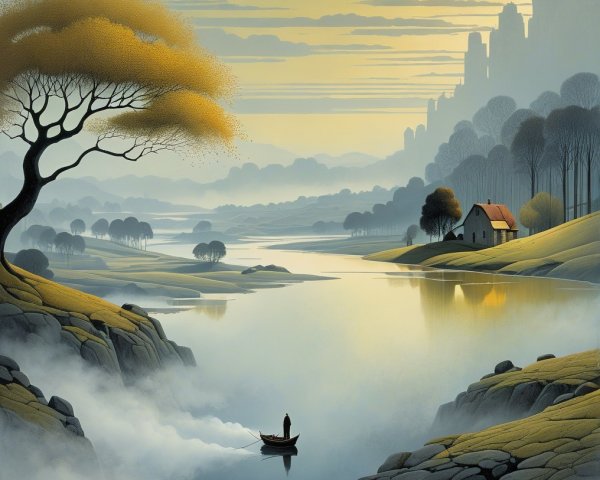 Serene Landscape with River and Misty Hills