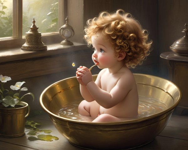 Cherubic Baby Playing in Brass Basin of Water