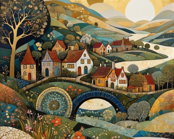 Whimsical Village Landscape with Colorful Houses