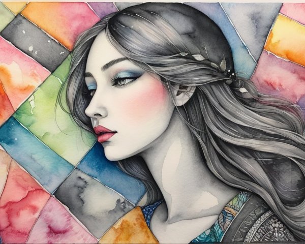 Watercolor Portrait of a Young Woman with Mosaic Background