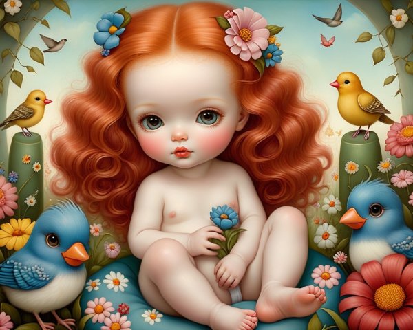 Whimsical Garden Scene with Cherubic Child and Flowers