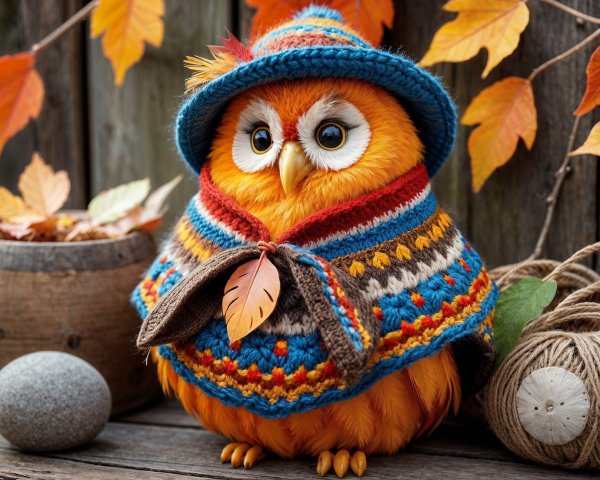 Whimsical Owl in Cozy Poncho Surrounded by Autumn Decor