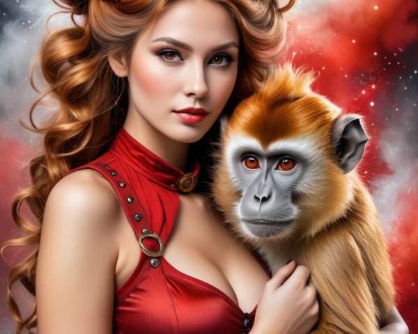 Young woman in red dress with monkey in artistic setting