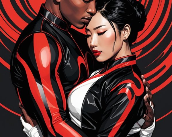 Stylized Embrace of Two Figures in Red and Black