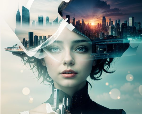 Double Exposure of Woman and City Skyline at Sunset