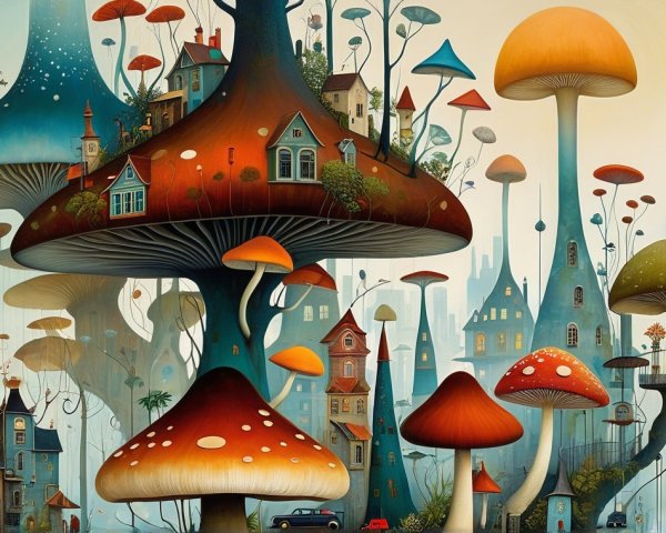 Whimsical Landscape with Towering Mushrooms and Houses