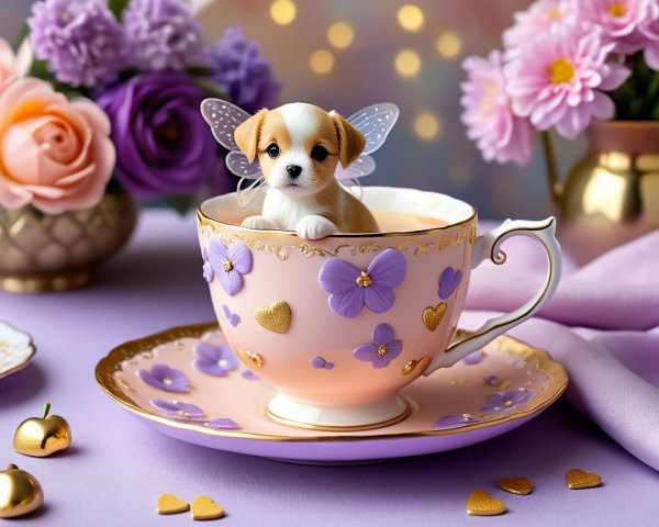 Puppy with Butterfly Wings in Decorative Teacup