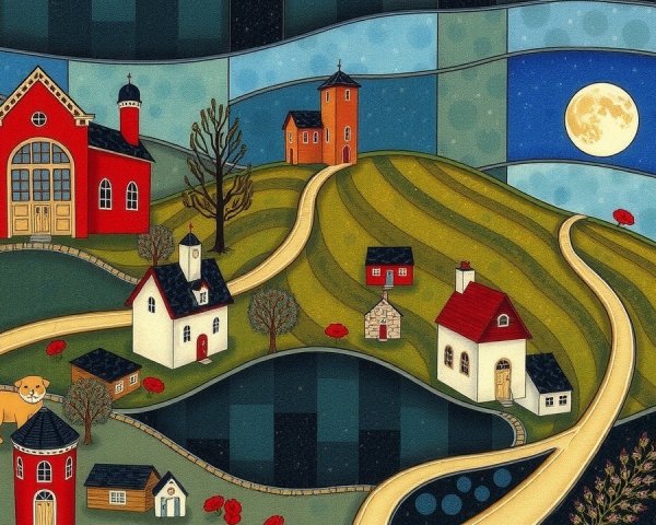 Whimsical Landscape with Rolling Hills and Moonlit Sky