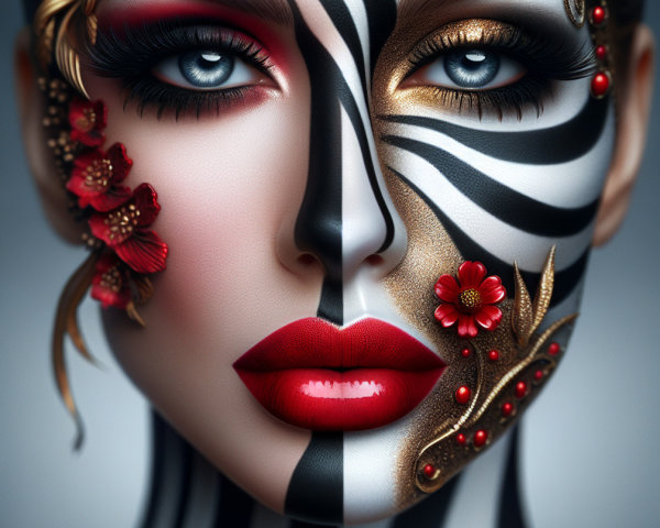 Face Art Design with Zebra Stripes and Floral Patterns