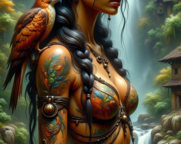 Woman with Tattoos and Parrot by a Waterfall