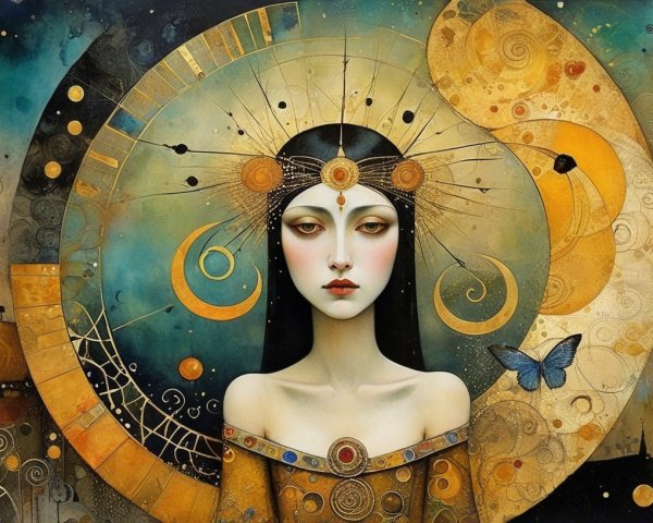 Serene Woman with Halo and Abstract Patterns