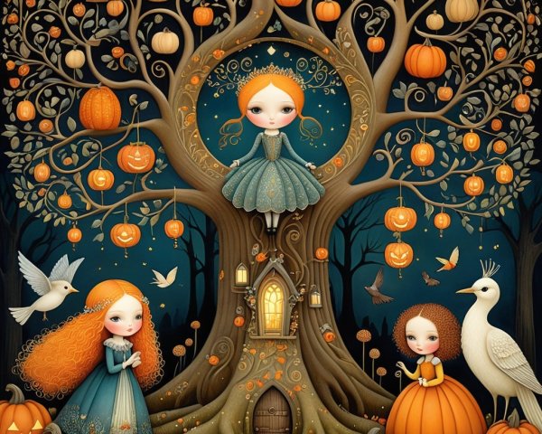 Autumn Scene with Girls, Pumpkins, and Twisting Tree