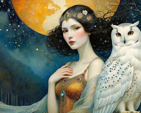 Mystical woman in golden dress under full moon